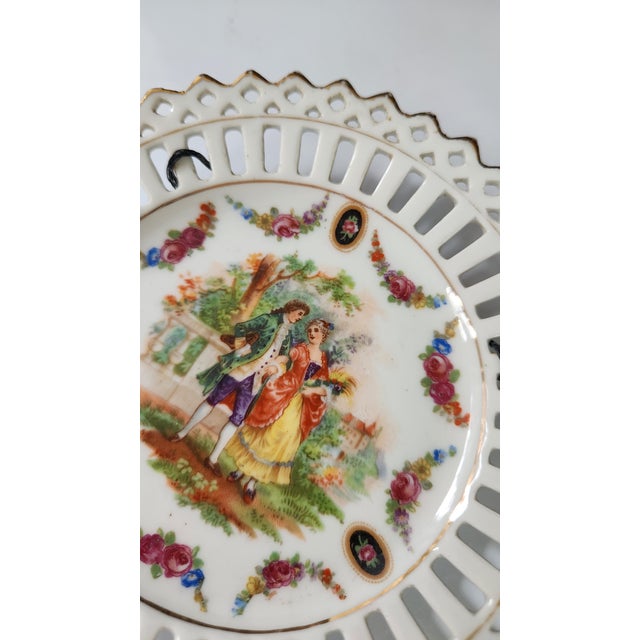 Pair of Vintage German Reticulated Porcelain Courting Couple Cabinet Plates For Sale In New York - Image 6 of 16