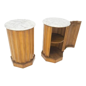 Marble Top Round Scallop Shape Cylinders Pedestals Cabinets with Shelf - A Pair