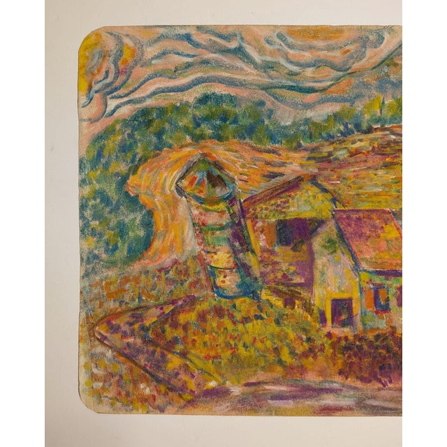 Mid-Century Modern Vintage Mid-Century Expressionist Village Landscape Oil Pastel on Paper For Sale - Image 3 of 4
