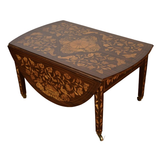 1900s Antique Dutch Marquetry Mahogany Pembroke Drop-Leaf Coffee Table For Sale
