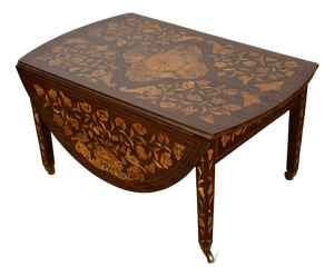 1900s Antique Dutch Marquetry Mahogany Pembroke Drop-Leaf Coffee Table