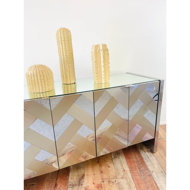 Vintage 1970s Ello Mirror & Brushed Metal Metal Mid Century Modern 5 Door Credenza Cabinet For Sale - Image 15 of 15