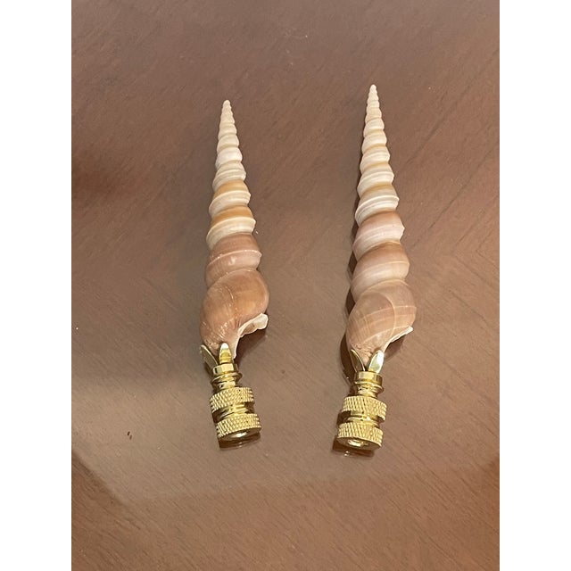 5” Large spiral sea shells on a brass base as lamp finials.