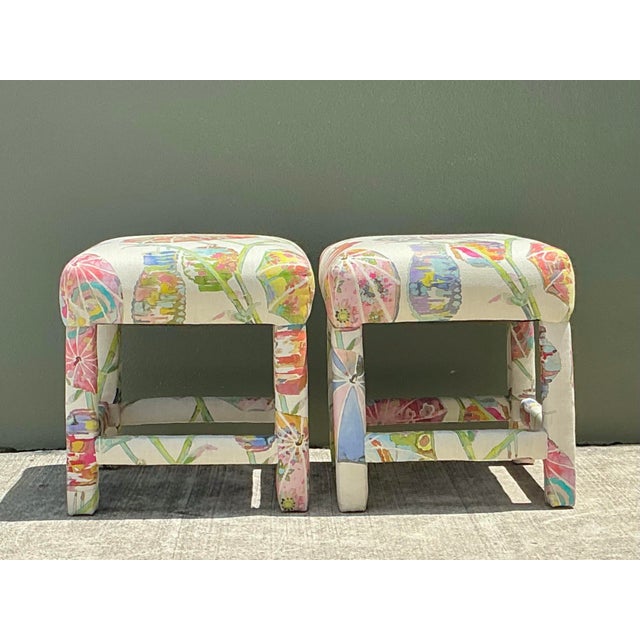 Vintage Printed Paper Napkin Low Stools - A Pair For Sale - Image 4 of 12