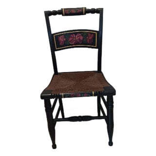 Antique Wood Black Color Chair Straw Seat With Painted Flower For Sale