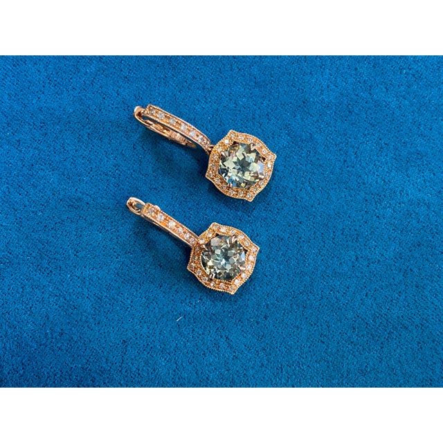 Contemporary Green Amethyst Prasiolite Diamond Halo Rose Gold Huggie Drop Unique Earrings, A Pair For Sale - Image 3 of 11