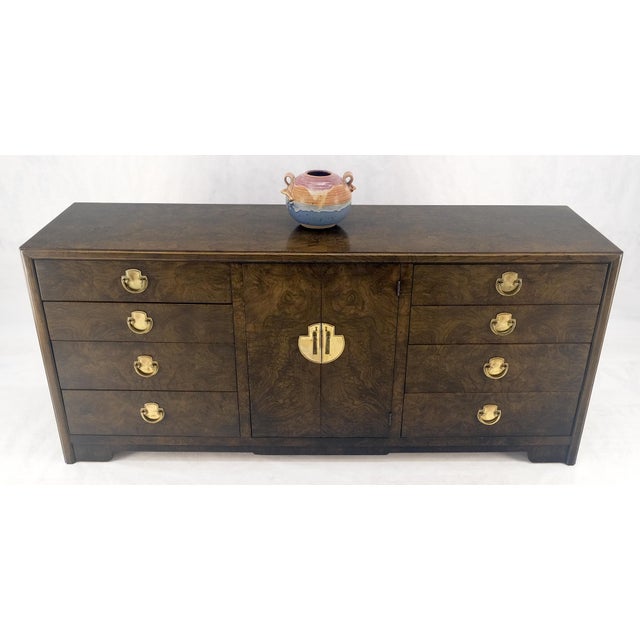 Burl Wood Brass Hardware 2 Doors Compartment 68" Long Dresser Credenza MINT! For Sale - Image 9 of 14
