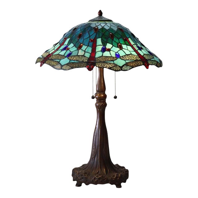 Late 20th Century Tiffany Style Stained Leaded Glass Table Lamp With Jewels For Sale