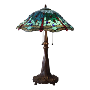 Late 20th Century Tiffany Style Stained Leaded Glass Table Lamp With Jewels