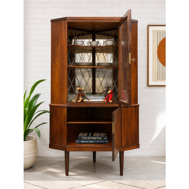 Mid Century Modern Teak Corner China or Liquor Cabinet, Made in Denmark. C. 1960's For Sale - Image 9 of 14