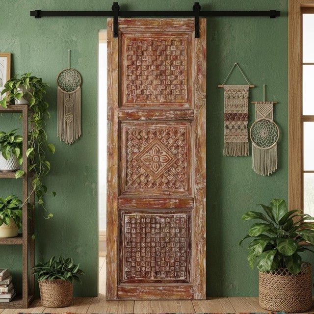 1920s Antique Carved Wood Door – Rustic Sliding or Hinged Door Panel 80x29 For Sale - Image 5 of 5