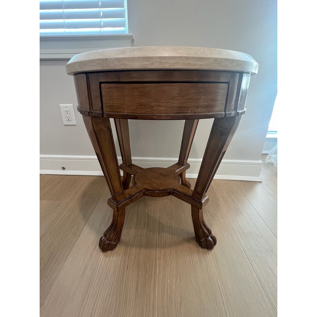 Round Wood and Travertine Top Sussex Side Table/Nightstand Attributed to Kreiss No markings Natural Walnut with Neoclassic...