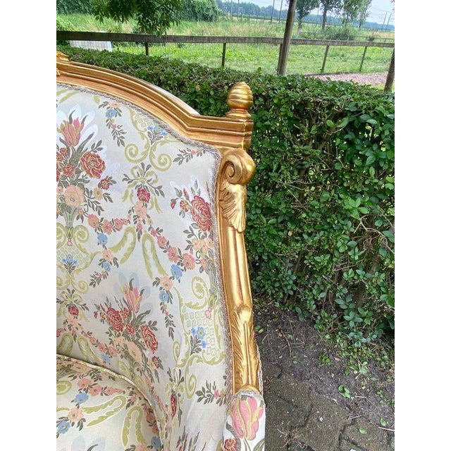 Late 20c Handcrafted Louis XVI Gold Beech Silk Cotton Settee For Sale - Image 6 of 11