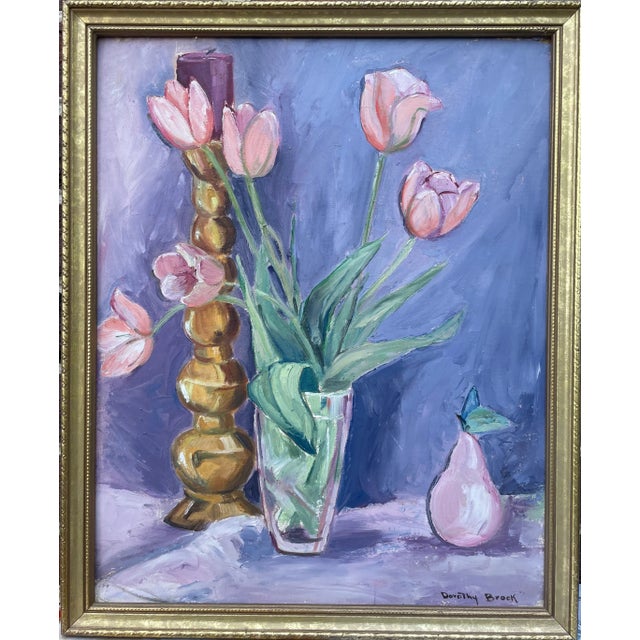 Framed Still Life of Pink Tulips, Candle & Pear For Sale