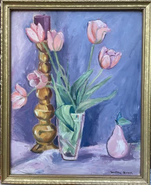 Framed Still Life of Pink Tulips, Candle & Pear