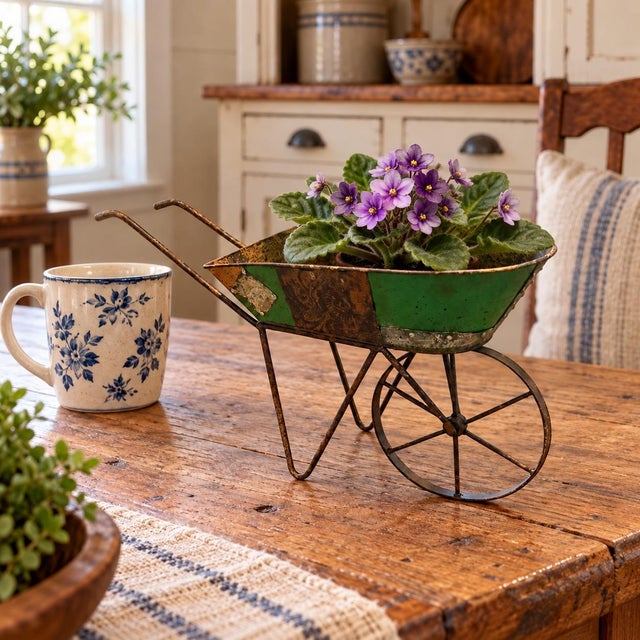 A wonderful vintage-style miniature metal wheelbarrow to use as a tabletop or garden accent piece for holding potted...
