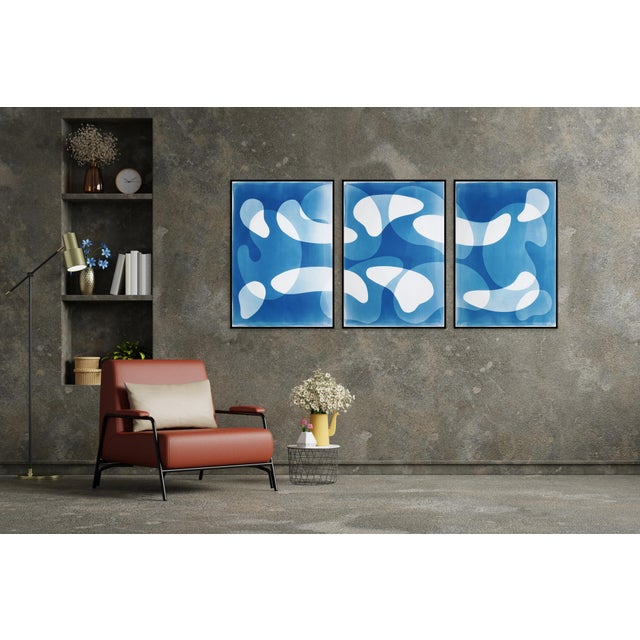2025, Abstract Modern Shapes, Large Triptych in Blue Tones, Blue Floating Mobile, Unique Cyanotype Monotype on Watercolor Paper For Sale - Image 10 of 11