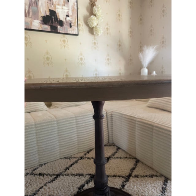 Authentic Restoration Hardware round dining table. RH 42” Greige Oak top with a one of a kind discontinued RH 20th Century...