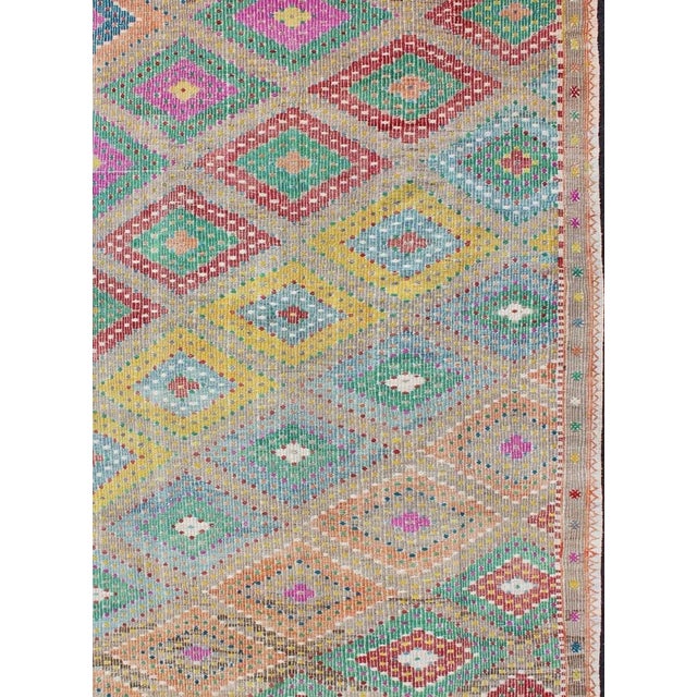Colorful Turkish Embroidered Kilim Vintage Rug in Diamond Design & Vivid Colors For Sale - Image 4 of 13