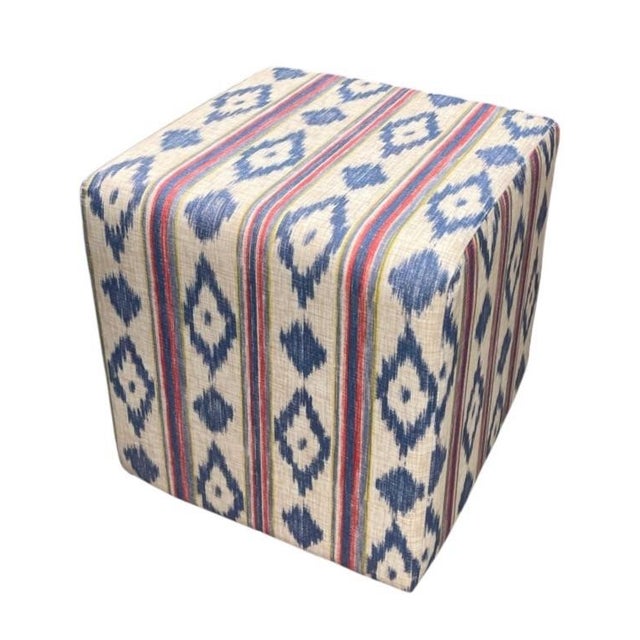 Vintage Blue and Indigo Ikat Pattern Upholstered Cube Ottoman For Sale - Image 4 of 12