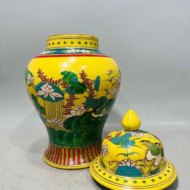 Chinese Pair of Chinese Yellow Ground Porcelain Temple Jar | Famille Rose Mandarin Ducks & Lotus Motif For Sale - Image 3 of 9
