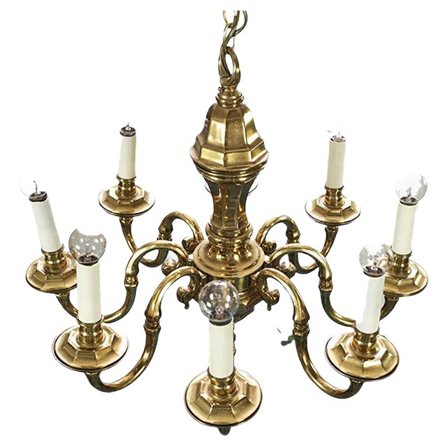 Gold and Metal 8-Light Chandelier, 1970s For Sale
