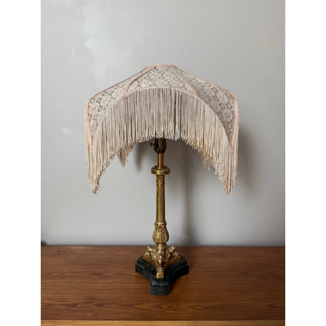 Mid 20th Century Mid 20th Century Victorian Footed Marble and Brass Table Lamp With Fabric Fringe/Tassel Lamp Shade For Sale - Image 5 of 11