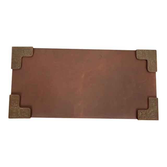 Tiffany Studios New York Zodiac Pattern Bronze Blotter Corners With Leather Desk Blotter For Sale