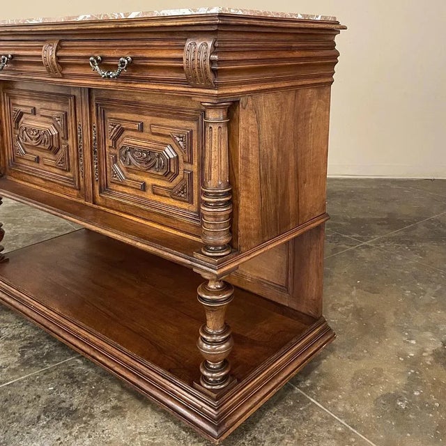 19th Century French Neoclassical Henri II Marble Top Walnut Buffet For Sale - Image 10 of 13