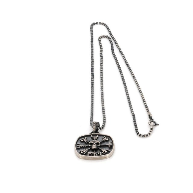 Contemporary Norse Viking Vegvisir Protection Symbols & Skull Pendant Sterling Silver Necklace For Sale - Image 3 of 12