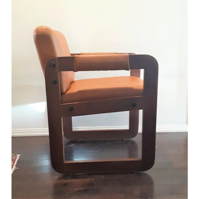 Mid-Century Modern Vintage Solid Wood Library Armchair With Dark Honey Brown Vinyl For Sale - Image 3 of 11