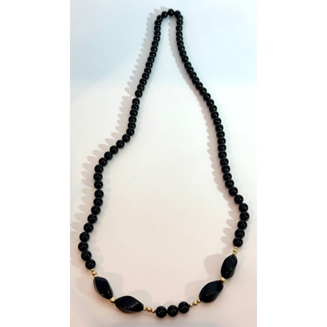 Round 8 MM Bead Black Onyx & 14 Karat Gold Bead Necklace 32 Inch Long For Sale - Image 4 of 18