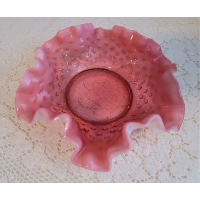 1940s Vintage Fenton Cranberry Opalescent Ruffled Edge Hobnail Bowl Brides Basket Bon Bon Dish For Sale - Image 5 of 5