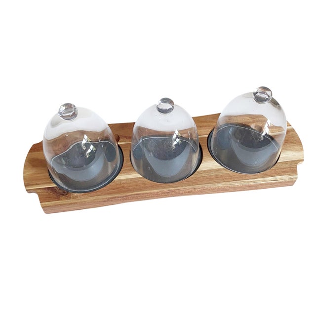 Mid-Century Modern 1990s Charcuterie Board With 3 Glass Domes on Wood Base For Sale - Image 3 of 5