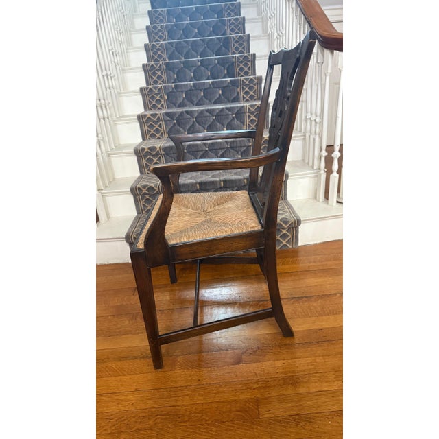 1960s Set of 4 Antique British Chippendale Oak Armchairs With Carved Backs & Rush Seats For Sale In Boston - Image 6 of 12