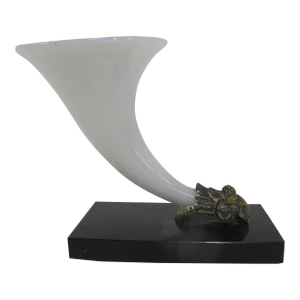 Victorian Milk Glass Cornucopia Vase Bronze Mounted Rams Head on Marble Base