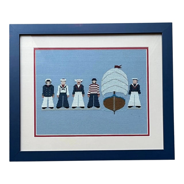 Late 20th Century Coastal Nautical Maritime Sailors Needlework Framed and Matted For Sale