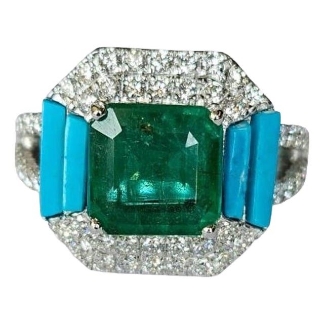 Set in 18k Gold, Zambian Emerald, Natural Turquoise & Diamonds Engagement Ring, Size 6 For Sale