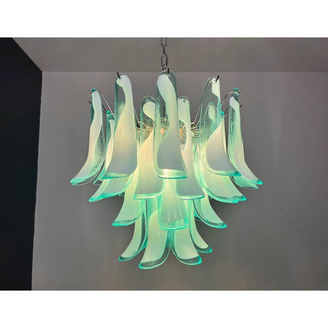 Italian Murano Style Chandelier, 36 Lattimo Turquoise Glass Petals, Mazzega Style For Sale - Image 9 of 12
