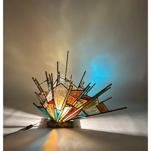 Metal Brutalist Gilt Iron and Colored Art Glass Table Lamp attributed to Longobard, Italy, 1970s For Sale - Image 7 of 11