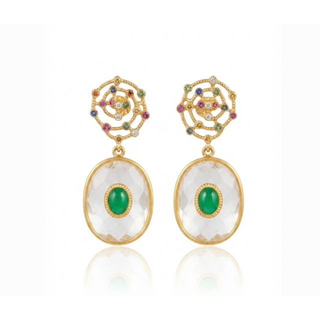 Metal Natural Multi Sapphire, Emerald, & White Topaz Earring in 14k Gold For Sale - Image 7 of 8