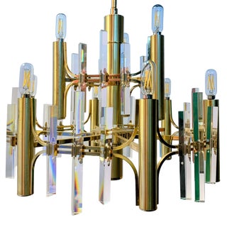 1970s Italian 9-Light Brass and Crystal Prism Chandelier Attributed to Gaetano Sciolari For Sale