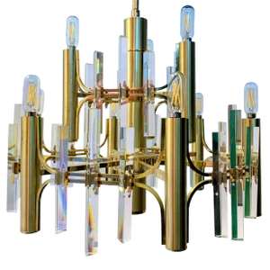 1970s Italian 9-Light Brass and Crystal Prism Chandelier Attributed to Gaetano Sciolari