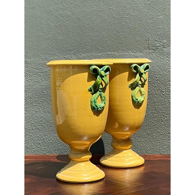 Vintage Italian Pedestal Ceramic Vases With Bow Detail For Sale - Image 4 of 12