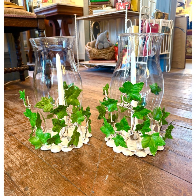 Vintage Ivy Metal Tole Hurricane Candle Holders Pair For Sale - Image 9 of 14