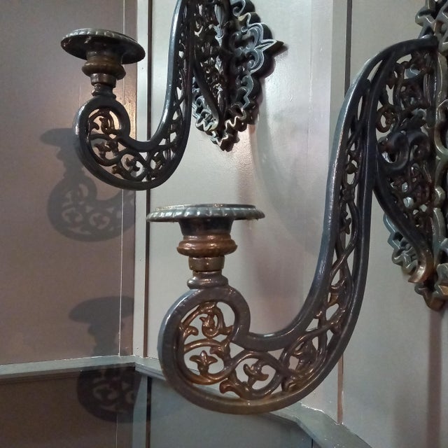 Gray Antique Neo-Gothic Wall Sconces in Cast-Iron, Set of 2 For Sale - Image 8 of 12