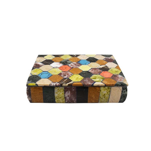Polychrome Semi-Precious Stone Hexagonal Inlaid Box, 20th Century For Sale - Image 9 of 14