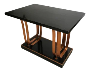 Rare American Art Deco Center Table in Gloss Black Lacquer With Copper Accents — Likely Donald Desky or Contemporary 1920s–1930s Designer