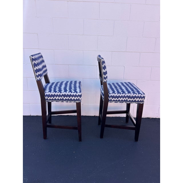 Lee Industries Blue & White Geometric Upholstered Counter Height Chairs With Nailhead Trim, Set of 4 For Sale - Image 4 of 7