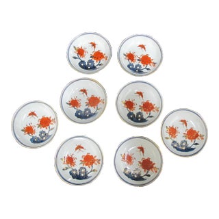 Japanese Imari Red Blue Gold Porcelain Butterfly & Flower Soy Wasabi Dish Set For Sale